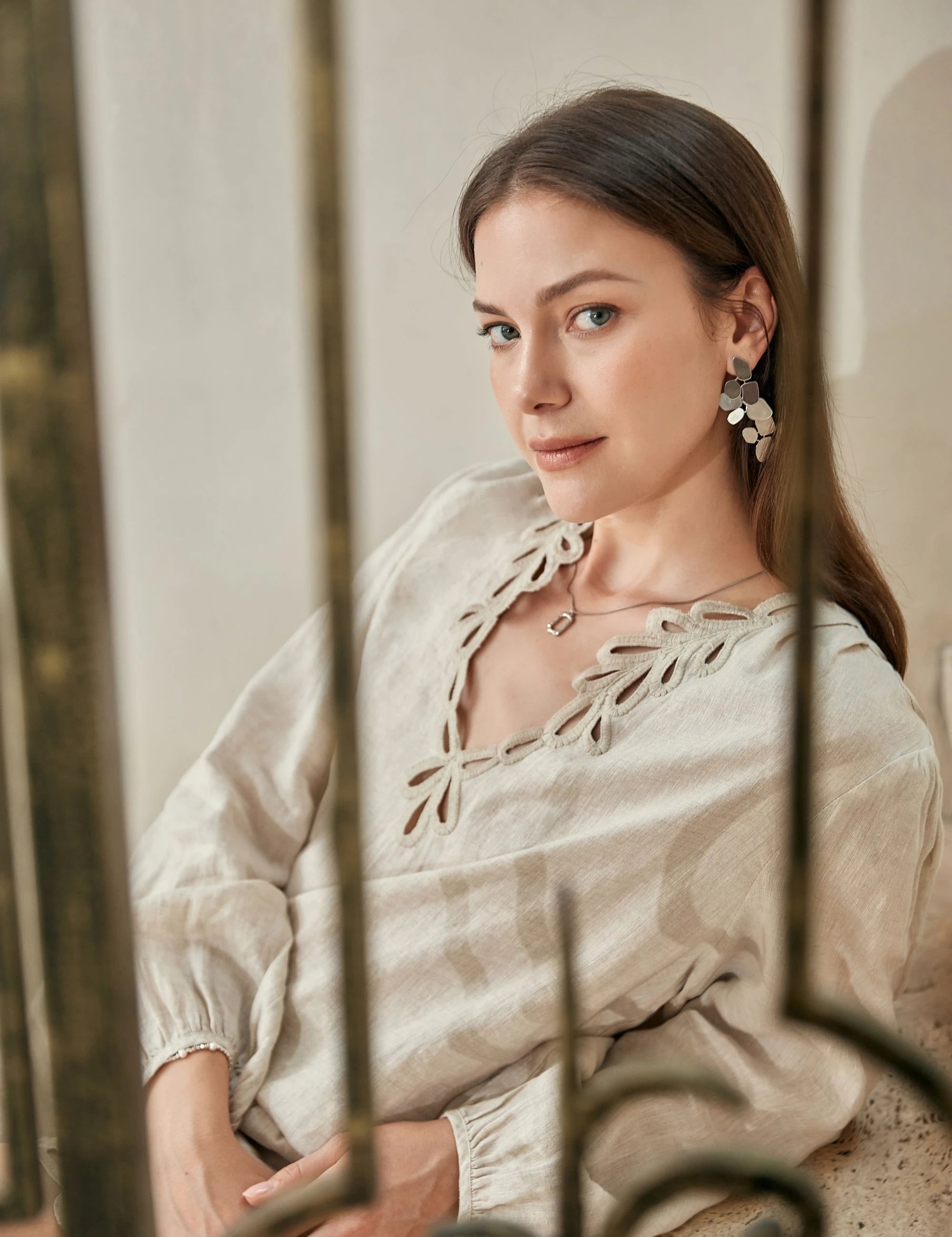 Elppis Beige Linen Long-Sleeve Blouse with Cutwork Embroidery, editorial styling view on model — SKU 2B5F07019WW