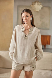 Elppis Beige Linen Long-Sleeve Blouse with Cutwork Embroidery, editorial styling view on model — SKU 2B5F07019WW