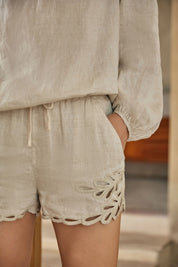Elppis Beige Linen Long-Sleeve Blouse with Cutwork Embroidery, editorial styling view on model — SKU 2B5F07019WW