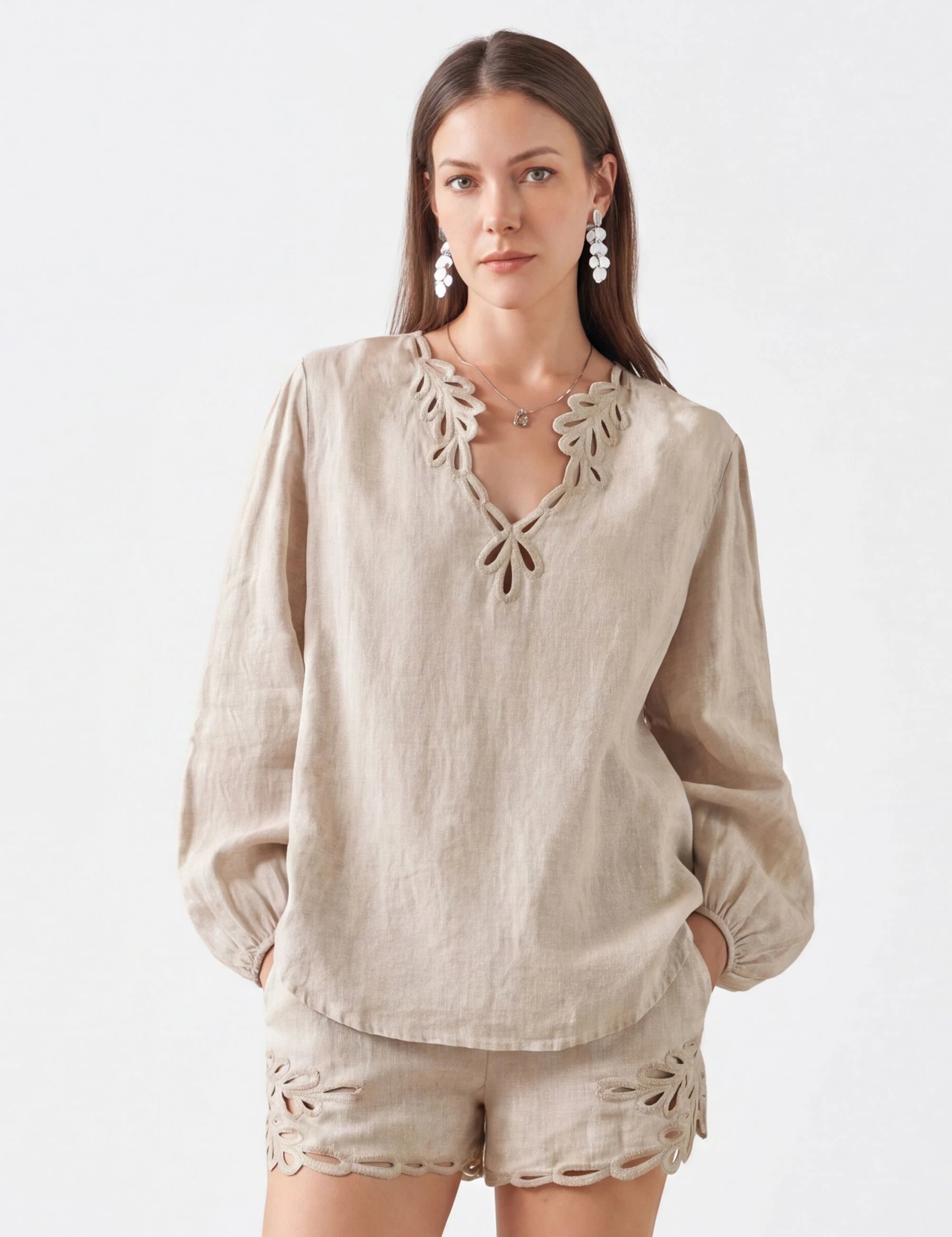 Elppis Beige Linen Long-Sleeve Blouse with Cutwork Embroidery, white-background full-length front view on model — SKU 2B5F07019WW