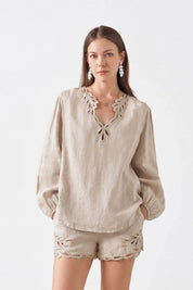 Elppis Beige Linen Long-Sleeve Blouse with Cutwork Embroidery, white-background full-length front view on model — SKU 2B5F07019WW