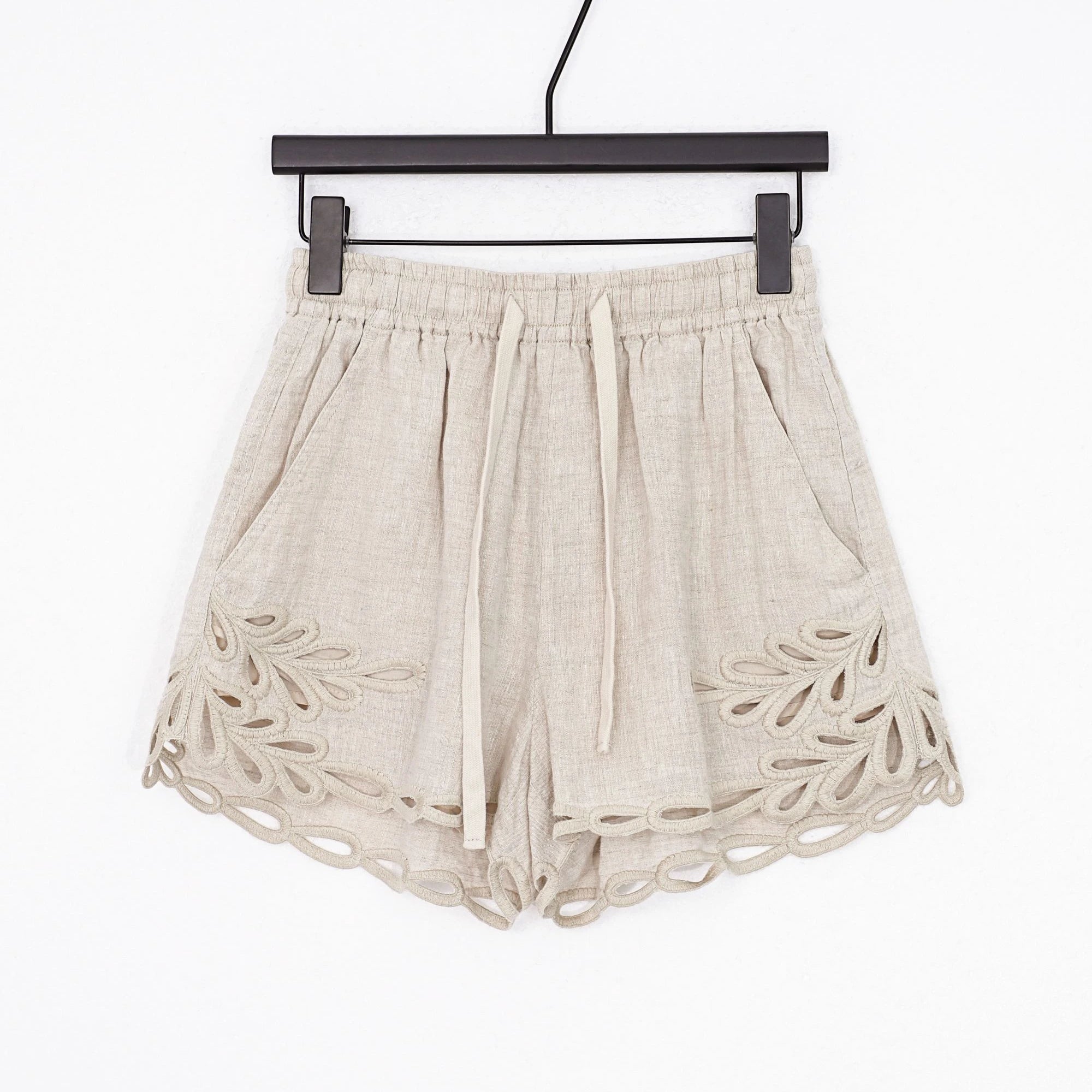 Elppis Beige Linen Long-Sleeve Blouse with Cutwork Embroidery, product packshot on white background — SKU 2B5F07019WW