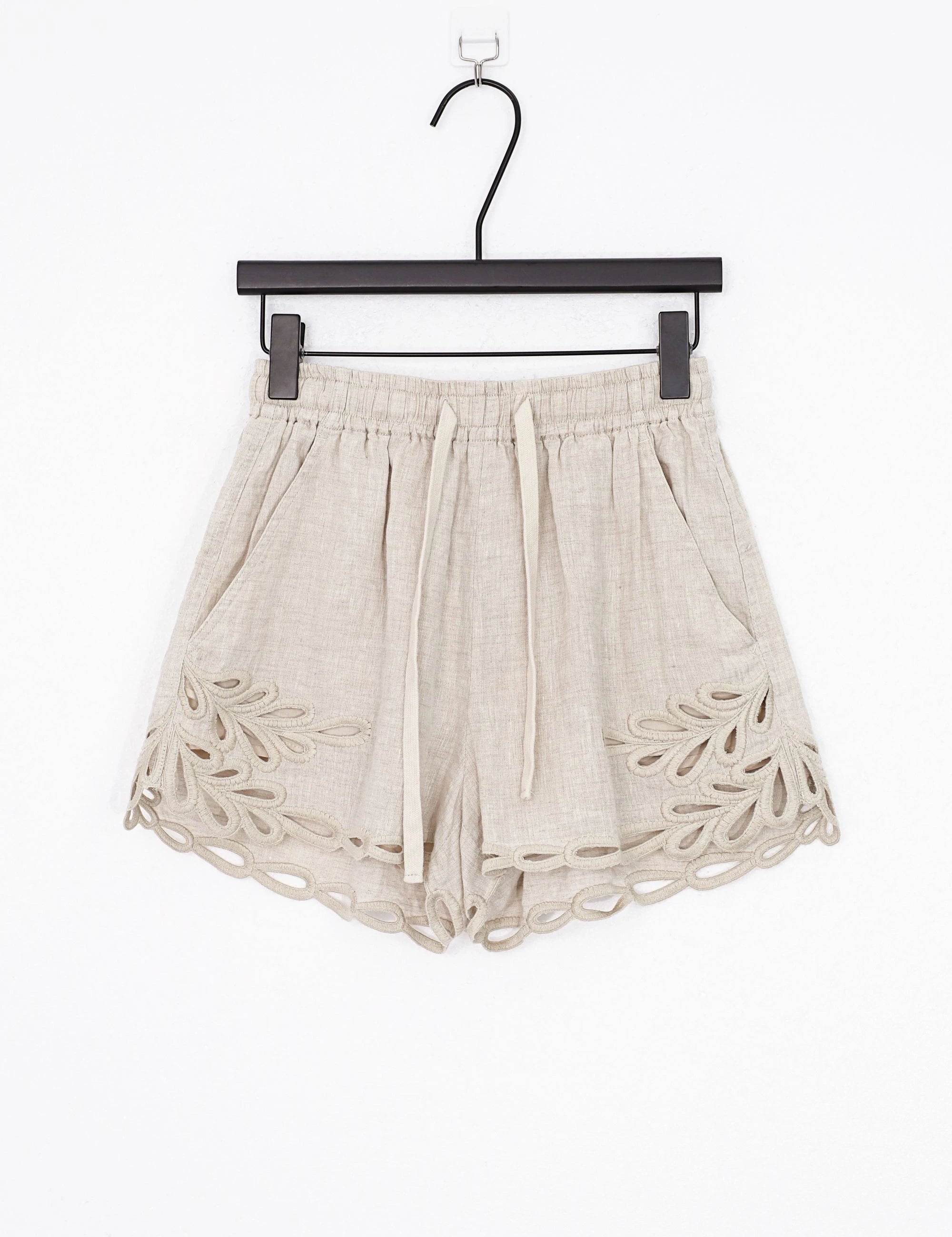 Elppis Beige Linen Long-Sleeve Blouse with Cutwork Embroidery, product packshot on white background — SKU 2B5F07019WW