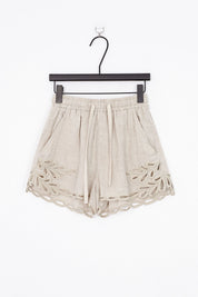 Elppis Beige Linen Long-Sleeve Blouse with Cutwork Embroidery, product packshot on white background — SKU 2B5F07019WW
