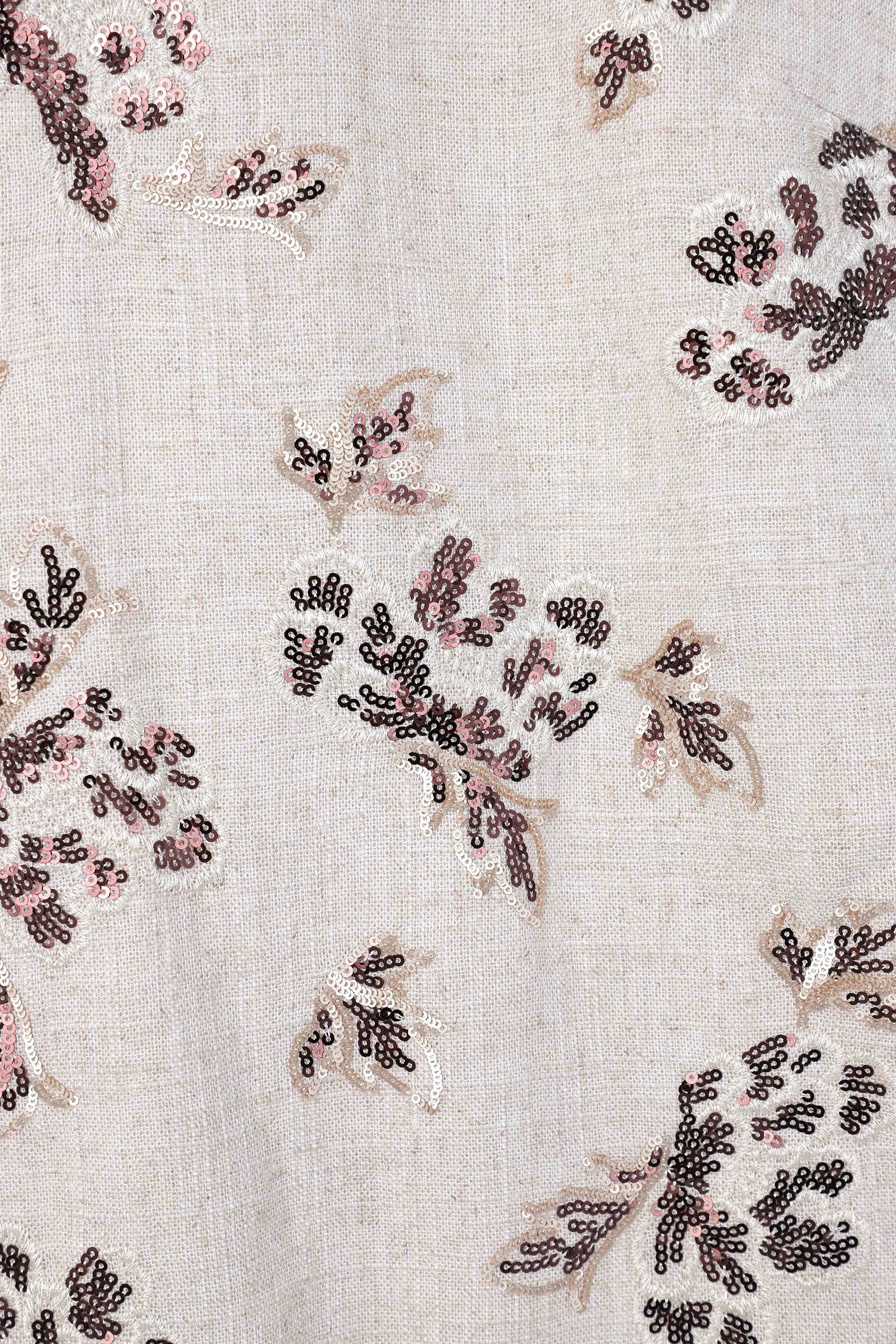 Beige Linen-Viscose Blend Floral Embroidered Sleeveless Midi Dress — design detail 1