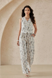 Elppis Beige Paisley Print Button-Front Sleeveless Vest, editorial styling view on model — SKU 1J6D12455BR
