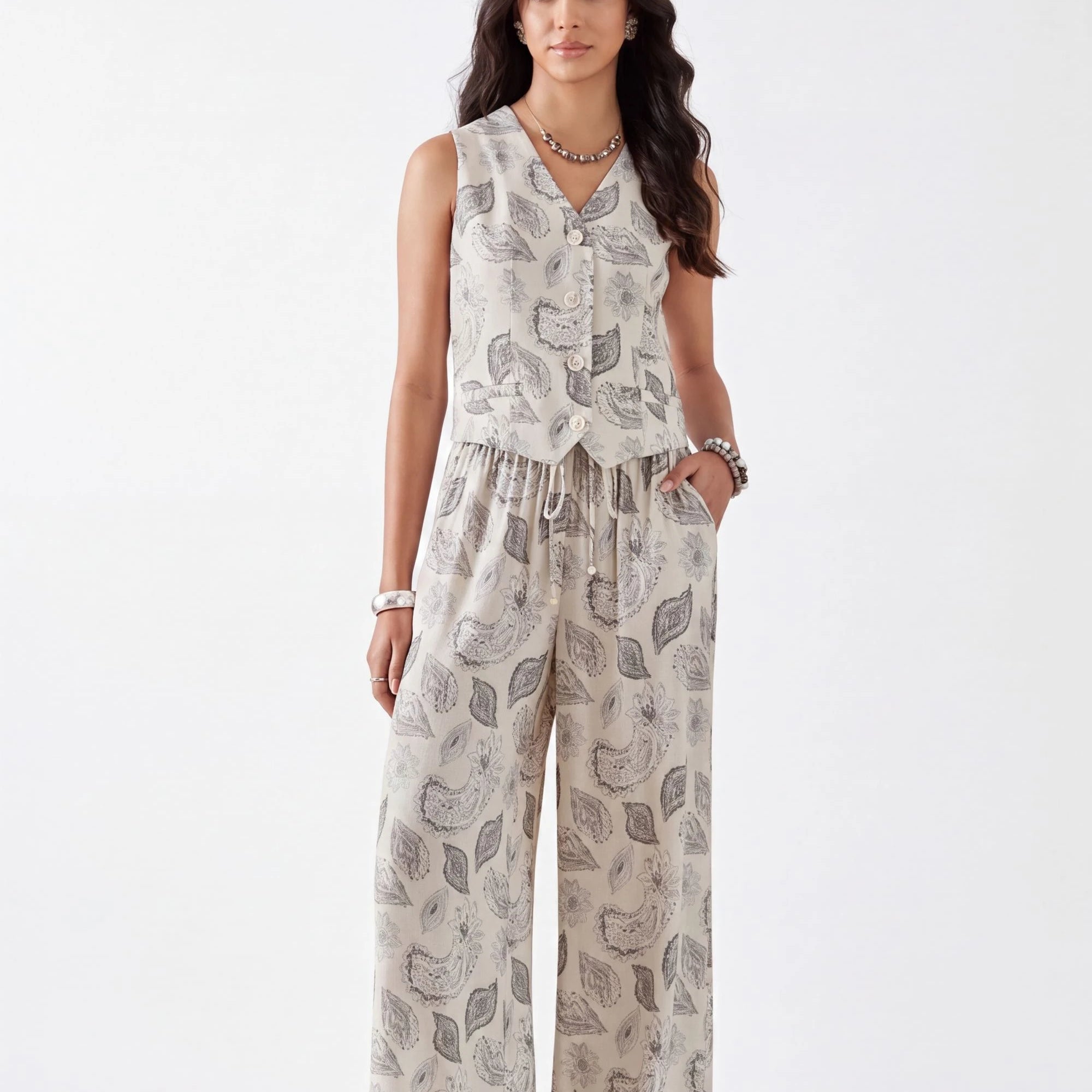 Elppis Beige Paisley Print Button-Front Sleeveless Vest, white-background full-length front view on model — SKU 1J6D12455BR
