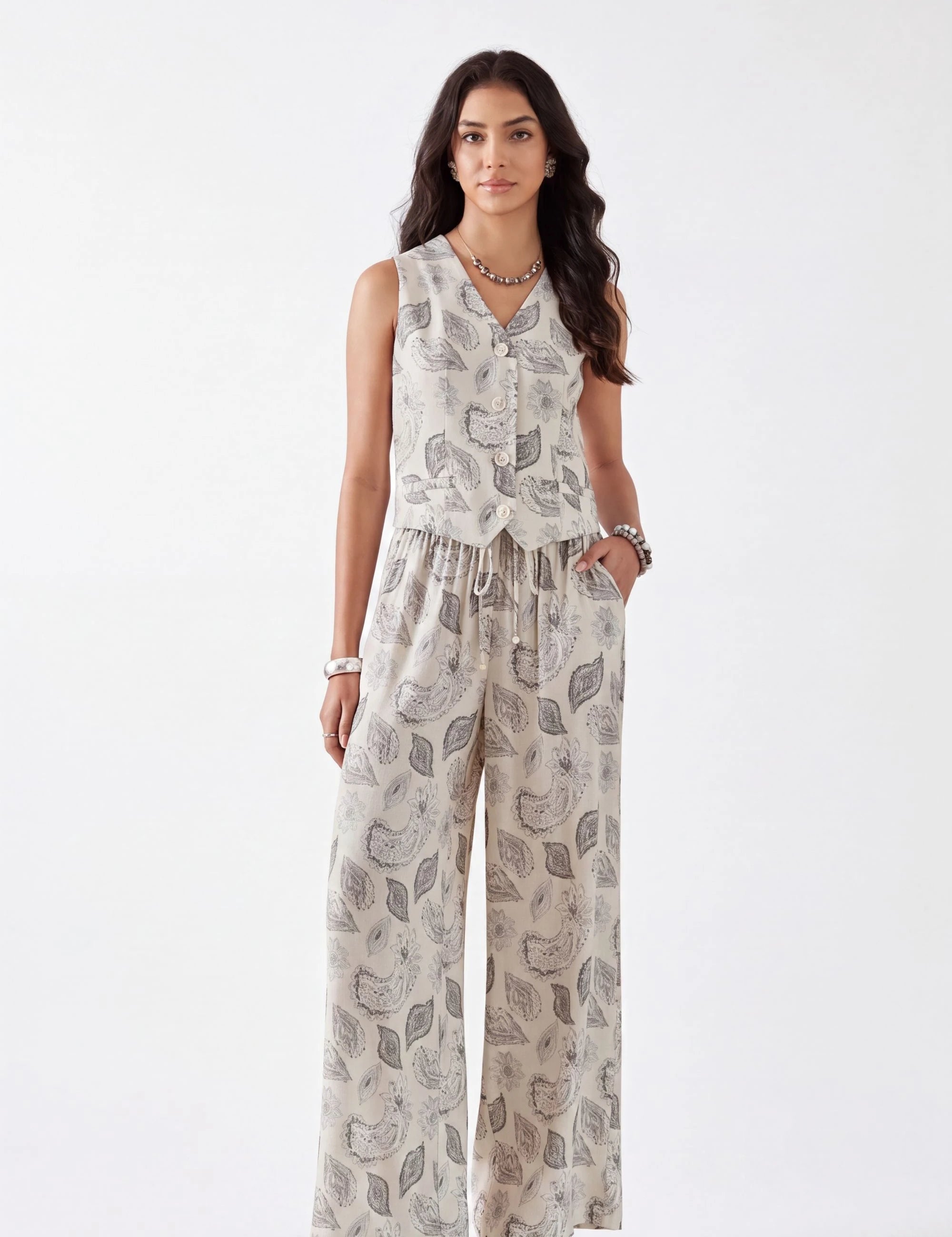Elppis Beige Paisley Print Button-Front Sleeveless Vest, white-background full-length front view on model — SKU 1J6D12455BR
