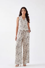Beige Paisley Print Button-Front Sleeveless Vest