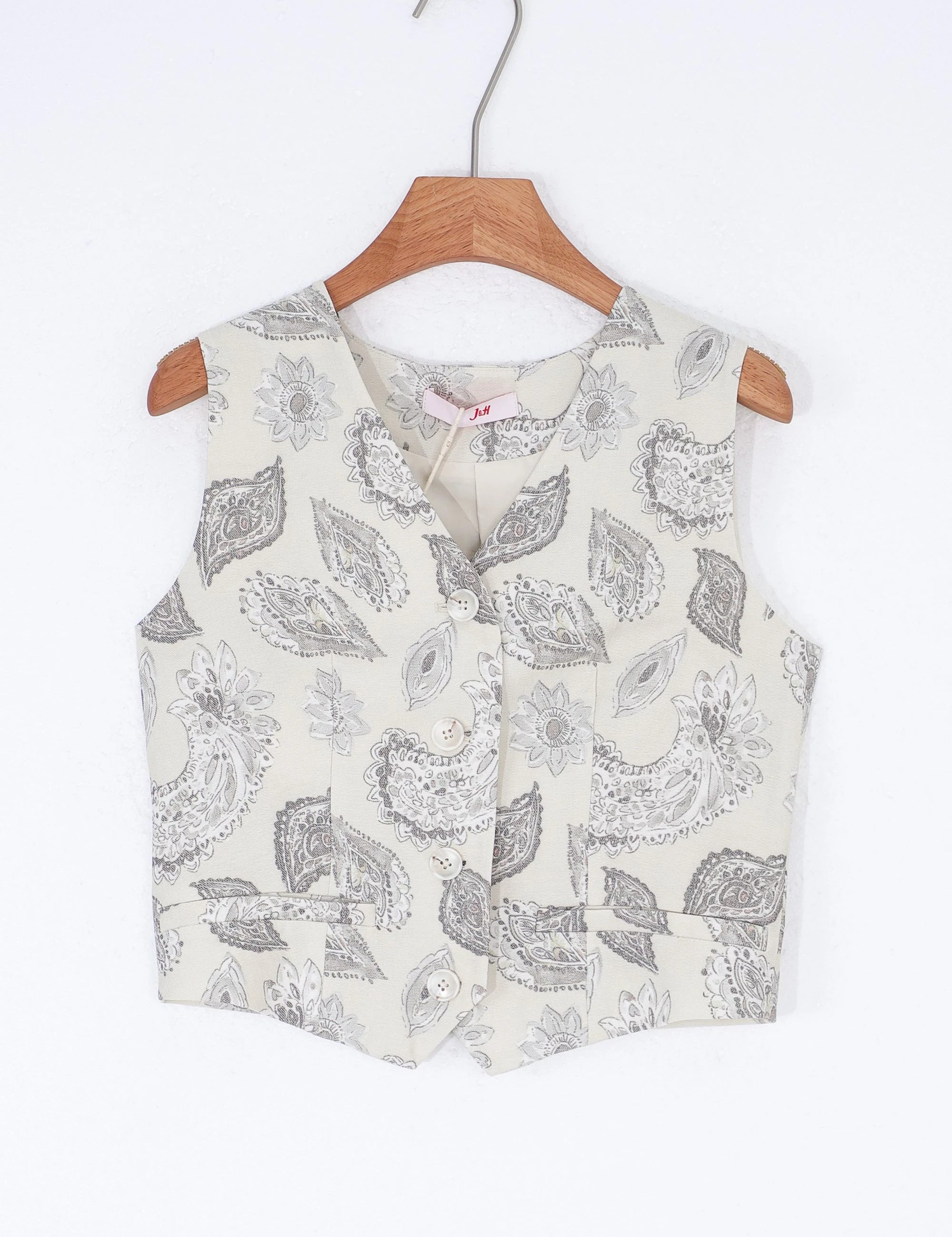 Elppis Beige Paisley Print Button-Front Sleeveless Vest, product packshot on white background — SKU 1J6D12455BR