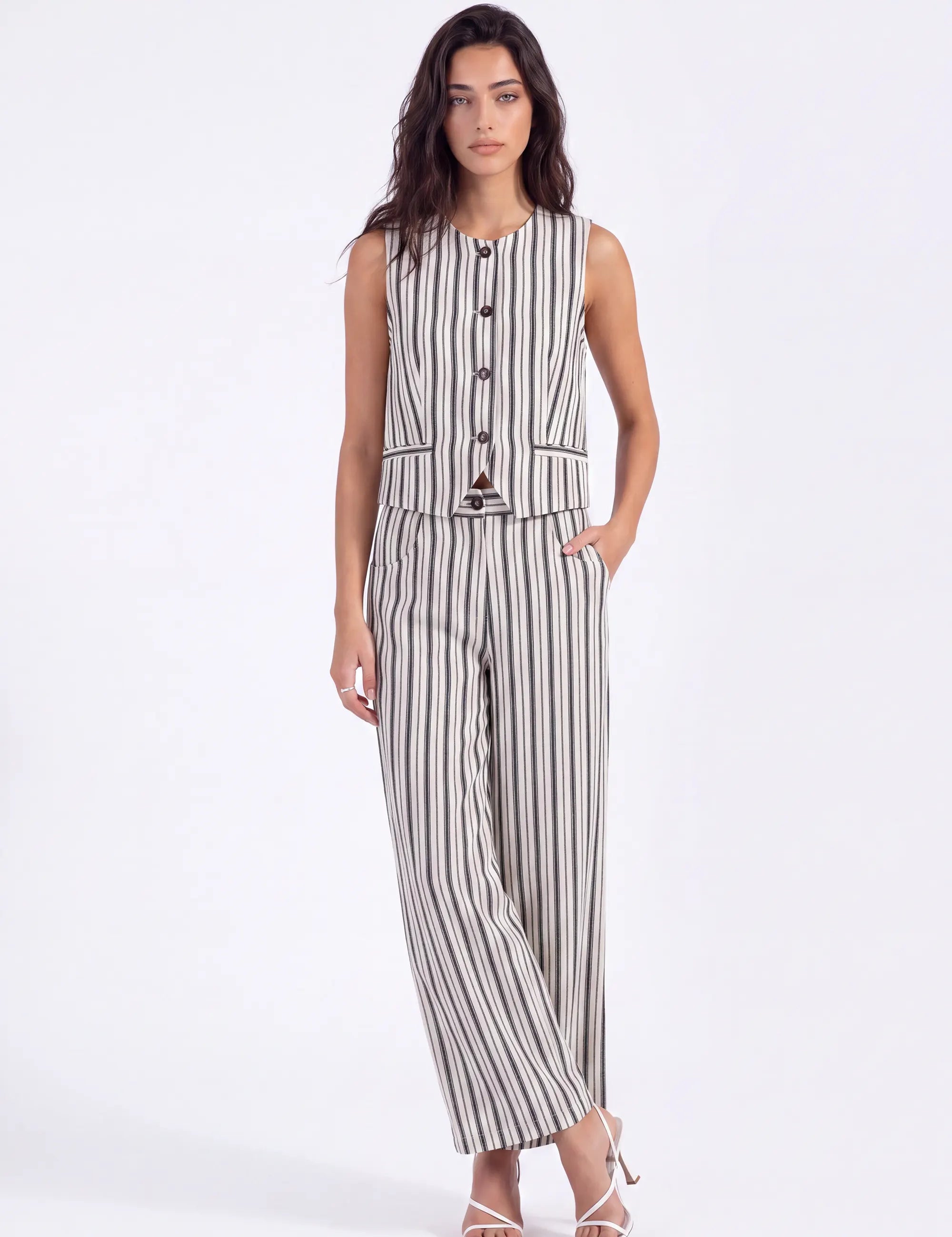 Beige Polyester Stripe Sleeveless Vest — Model White Background Front
