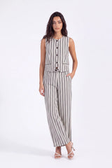 Beige Polyester Stripe Sleeveless Vest