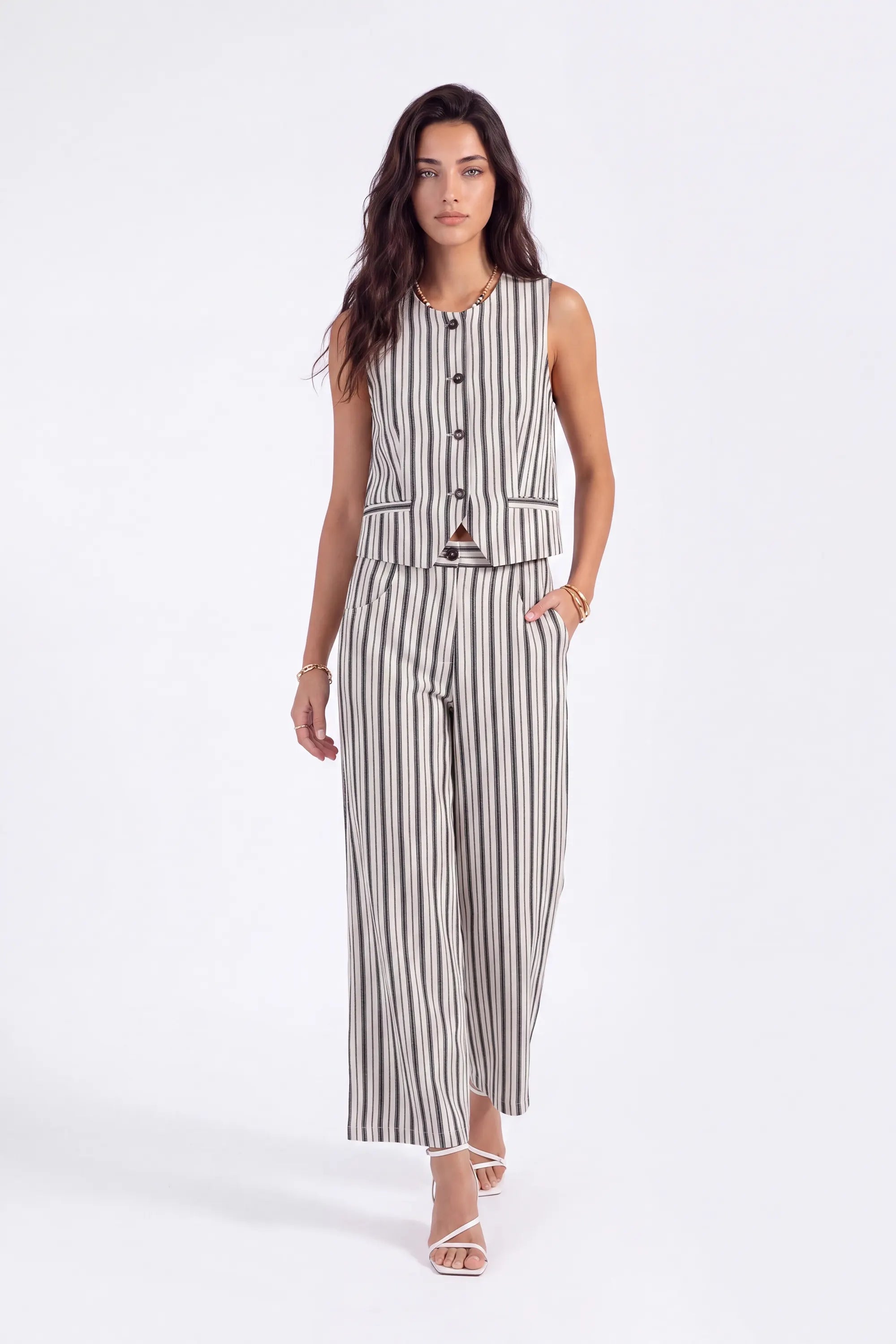 Beige Polyester Stripe Sleeveless Vest — Model White Background View 2