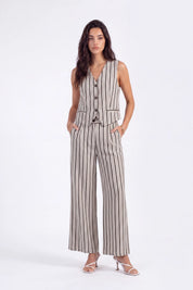 Beige Polyester Stripe Sleeveless Vest — Model White Background View 4