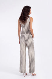 Beige Polyester Stripe Sleeveless Vest — Model White Background View 5