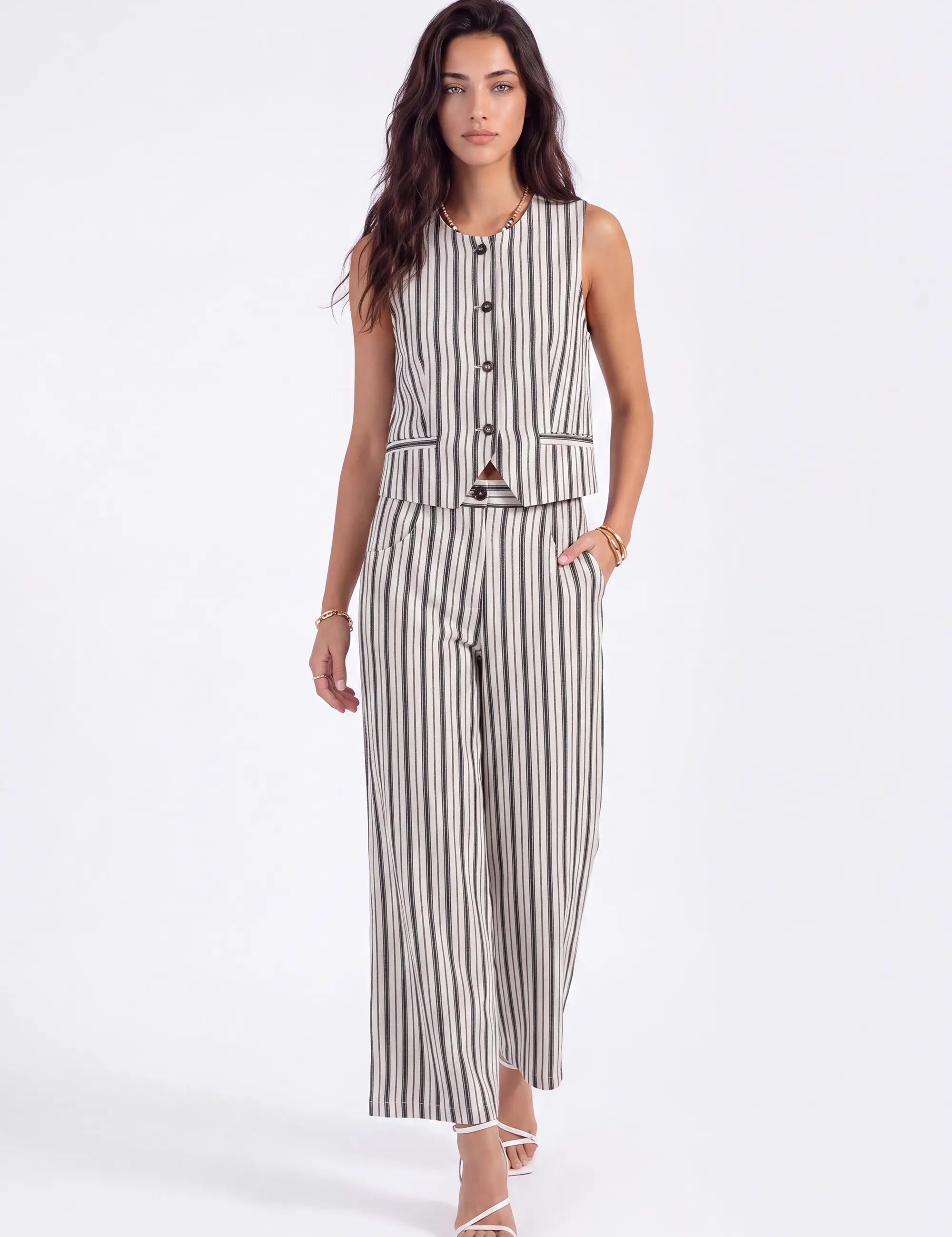 Beige Polyester Stripe Wide-Leg Pants — Model White Background View 2