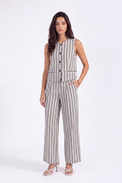 Beige Polyester Stripe Wide-Leg Pants — Model White Background View 3