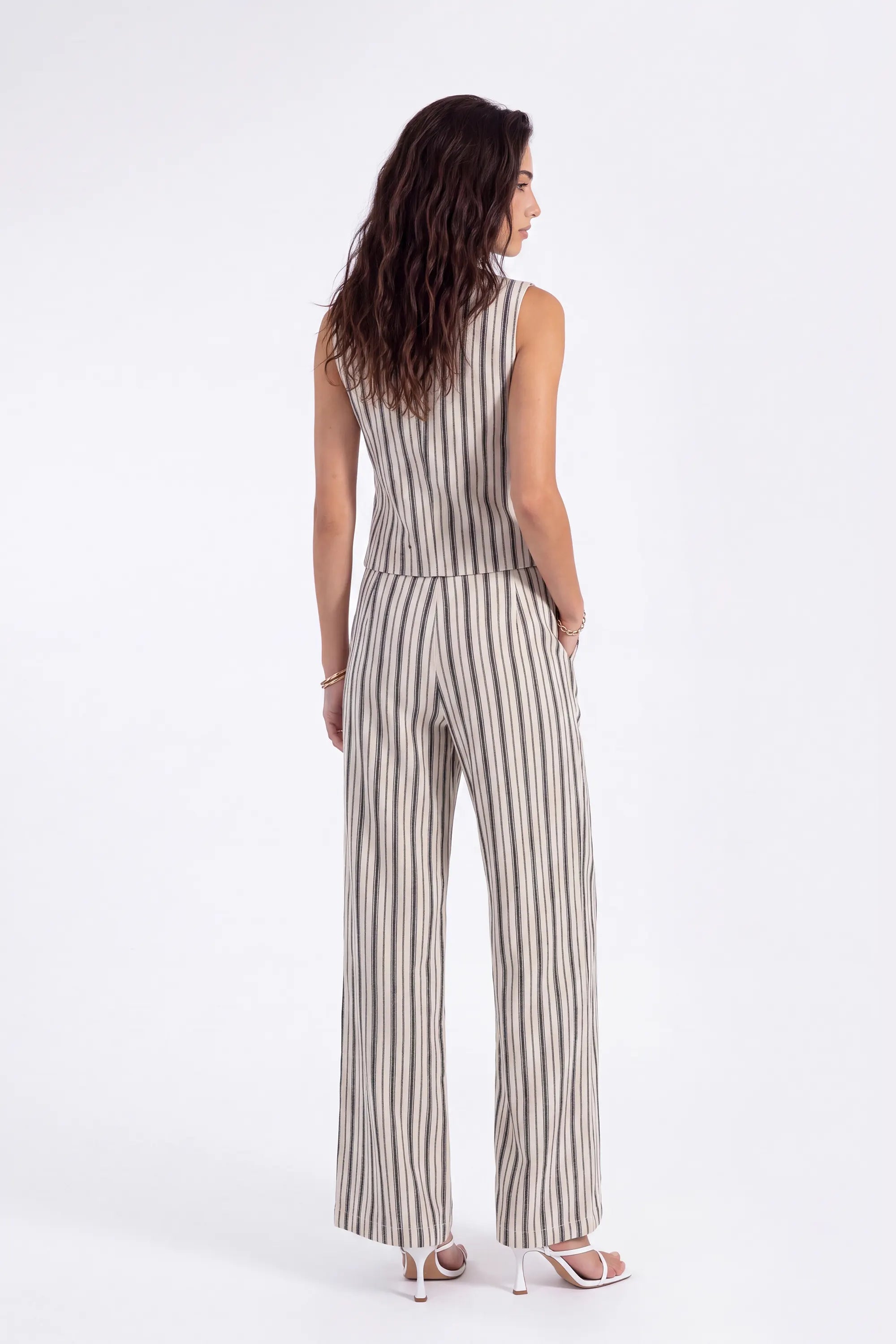 Beige Polyester Stripe Wide-Leg Pants — Model White Background View 5