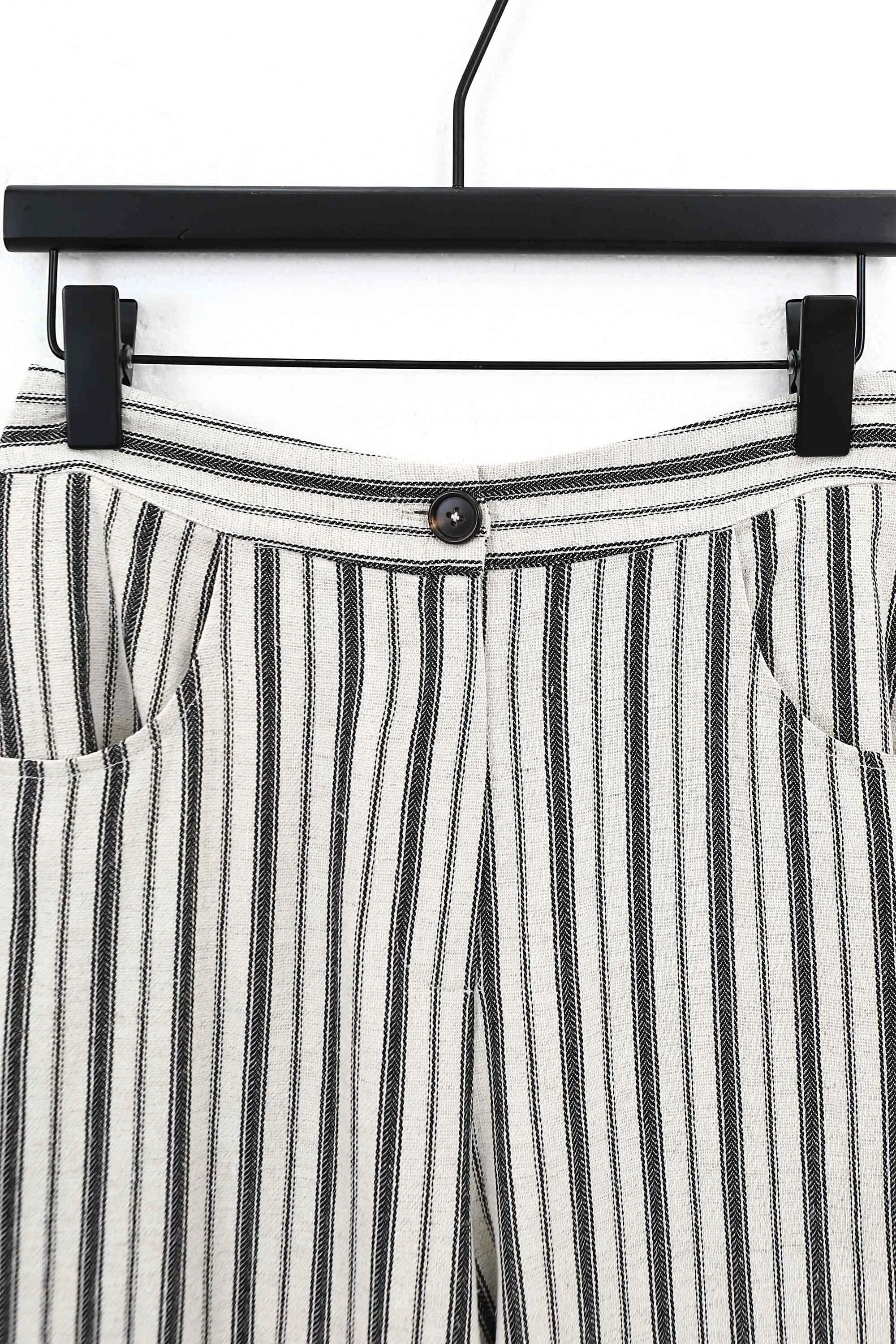 Beige Polyester Stripe Wide-Leg Pants — Product Detail 1