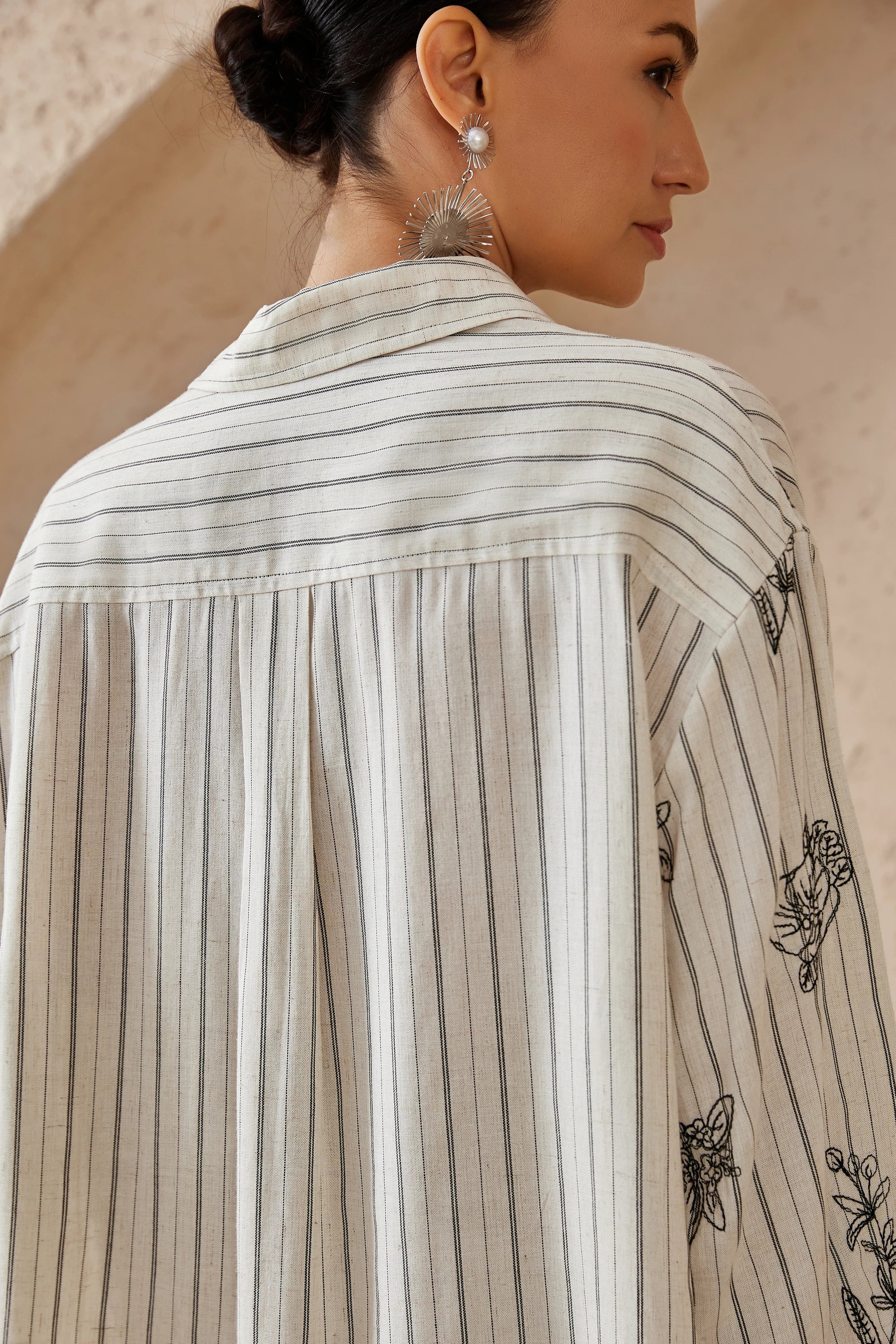 Elppis Beige Striped Linen-Rayon Blend Shirt with Black Floral Print, editorial styling view on model — SKU 3J6F10963BT