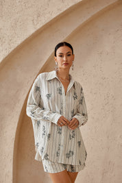 Elppis Beige Striped Linen-Rayon Blend Shirt with Black Floral Print, editorial styling view on model — SKU 3J6F10963BT