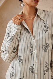 Elppis Beige Striped Linen-Rayon Blend Shirt with Black Floral Print, editorial styling view on model — SKU 3J6F10963BT