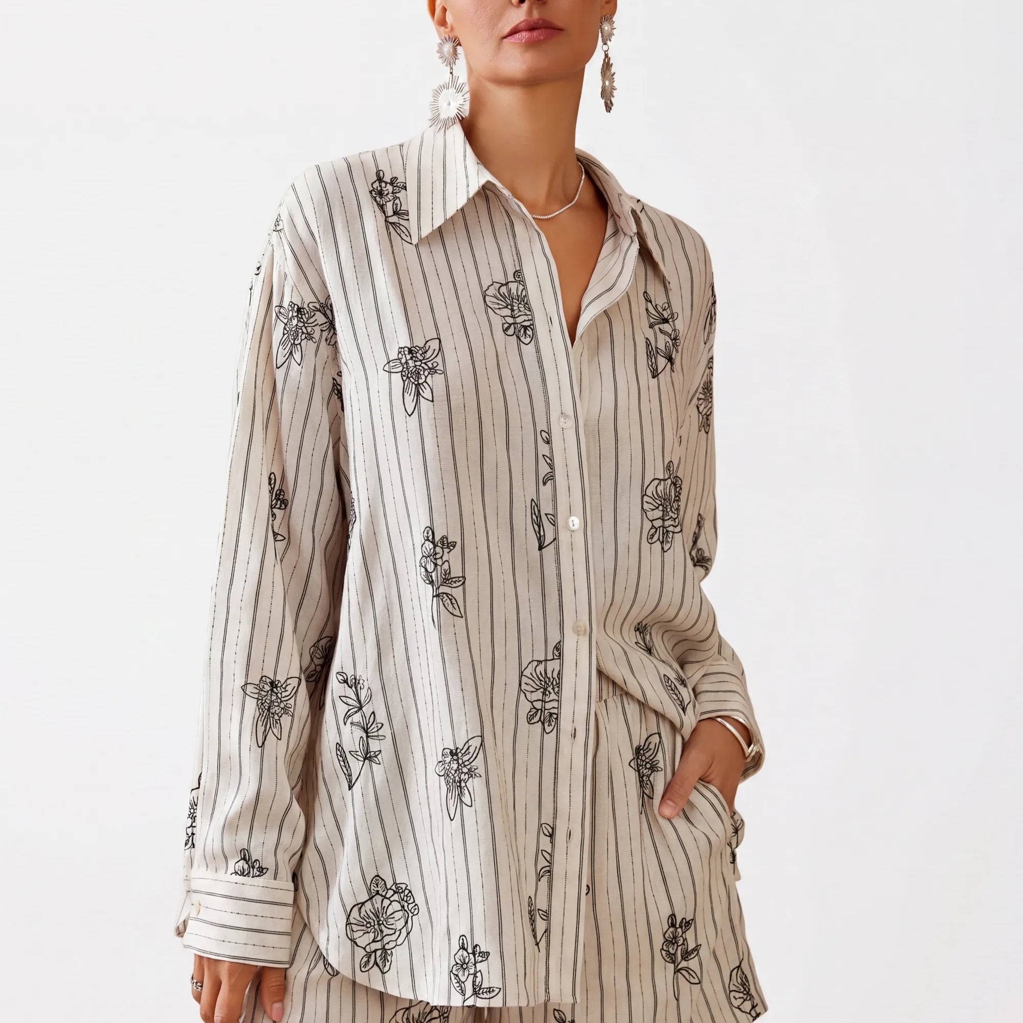 Elppis Beige Striped Linen-Rayon Blend Shirt with Black Floral Print, white-background full-length front view on model — SKU 3J6F10963BT
