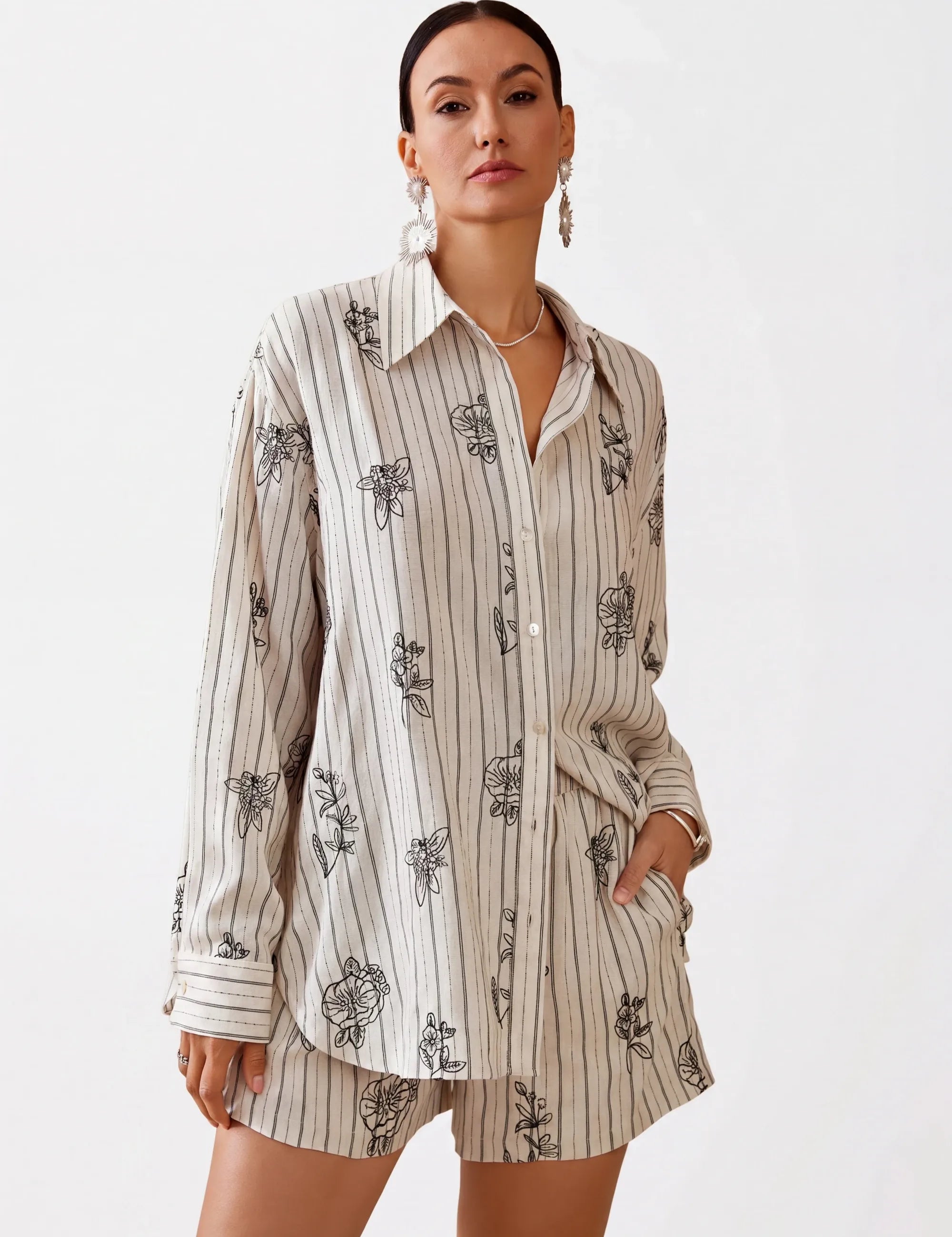 Elppis Beige Striped Linen-Rayon Blend Shirt with Black Floral Print, white-background full-length front view on model — SKU 3J6F10963BT