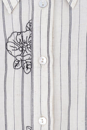Elppis Beige Striped Linen-Rayon Blend Shirt with Black Floral Print, product detail view — SKU 3J6F10963BT
