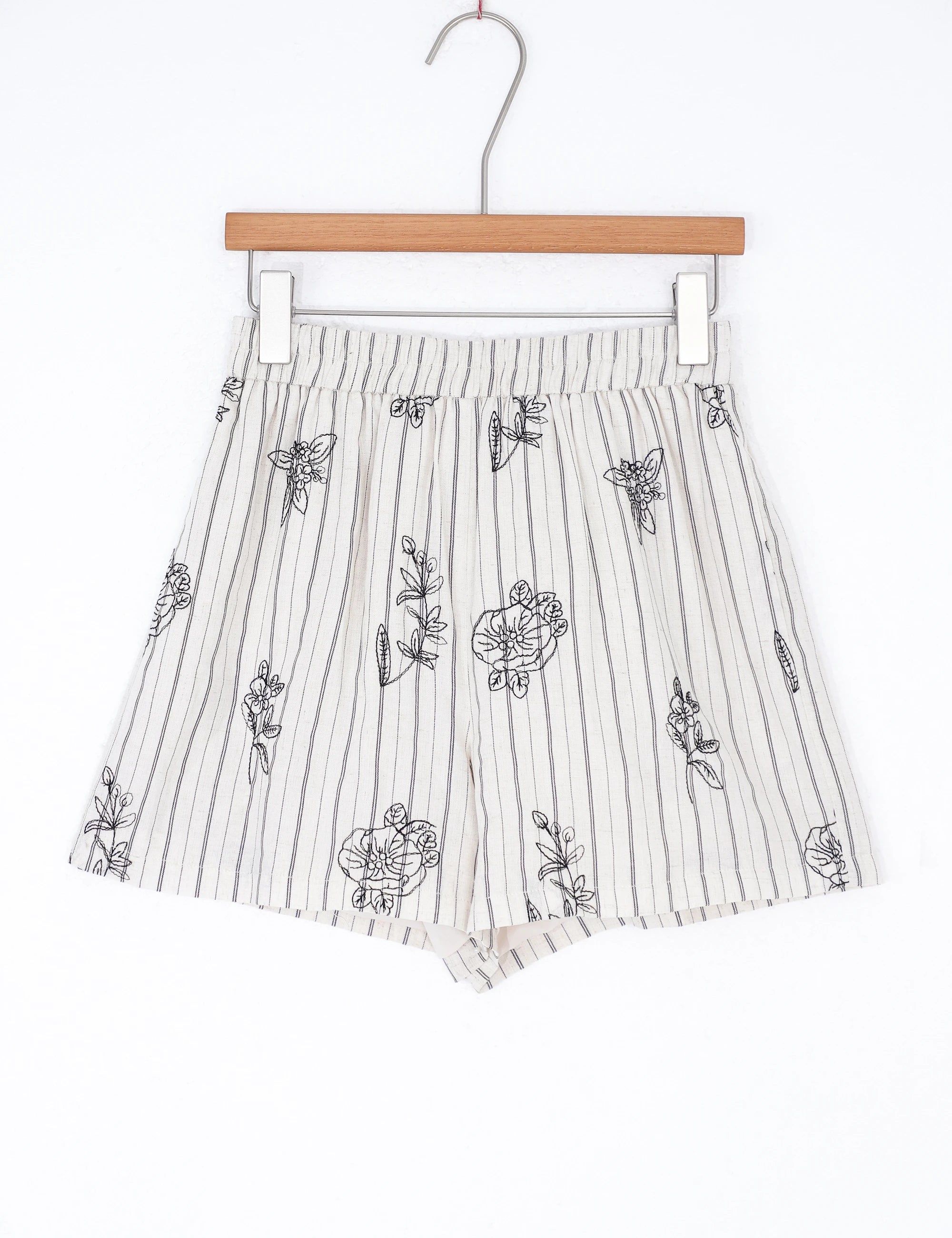 Elppis Beige Striped Linen-Rayon Blend Shirt with Black Floral Print, product packshot on white background — SKU 3J6F10963BT
