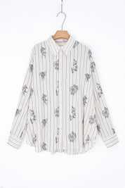 Elppis Beige Striped Linen-Rayon Blend Shirt with Black Floral Print, product packshot on white background — SKU 3J6F10963BT