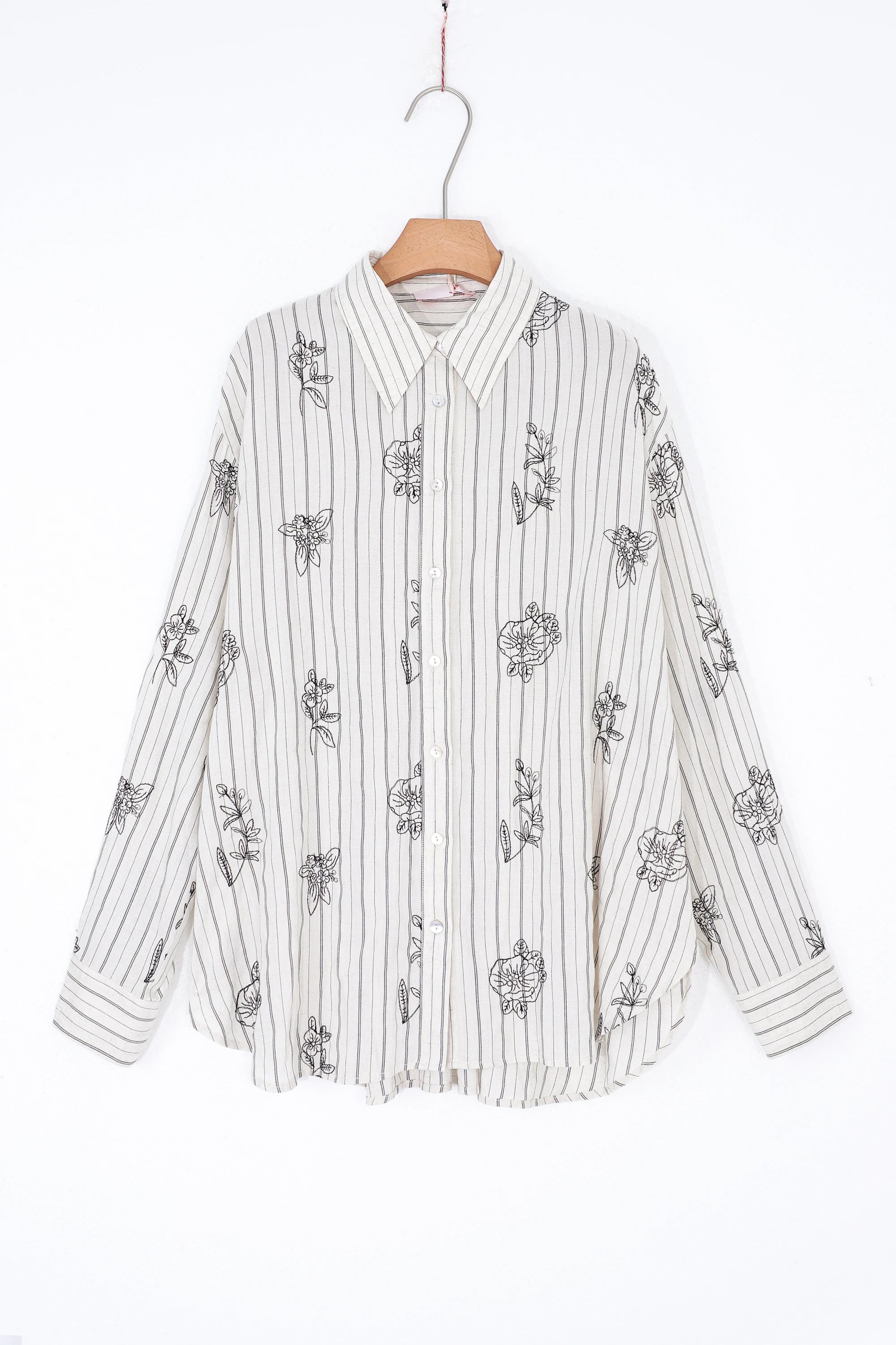 Elppis Beige Striped Linen-Rayon Blend Shirt with Black Floral Print, product packshot on white background — SKU 3J6F10963BT