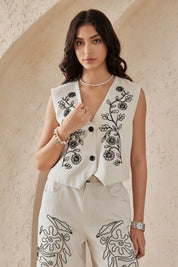 Elppis Beige Viscose-Linen Blend Floral Embroidery Sleeveless Vest, editorial styling view on model — SKU UV4D6021BK