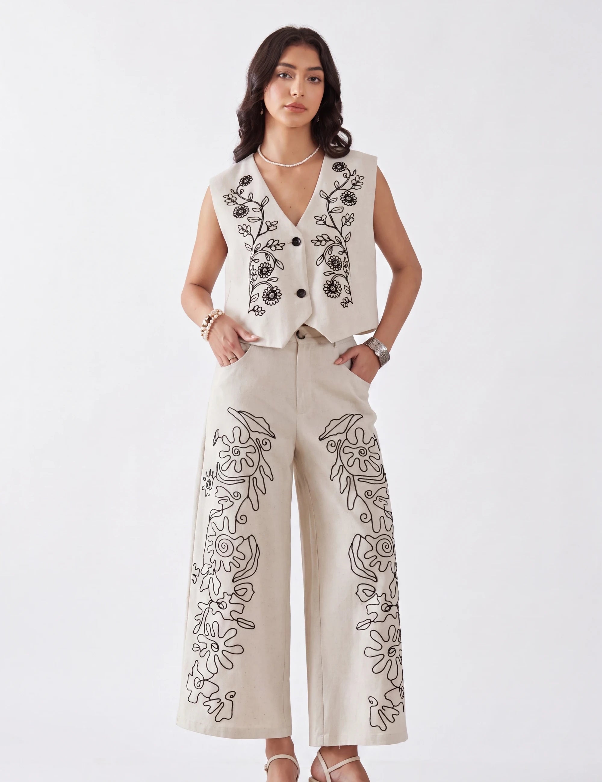 Elppis Beige Viscose-Linen Blend Floral Embroidery Sleeveless Vest, white-background full-length front view on model — SKU UV4D6021BK