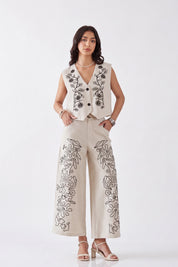 Elppis Beige Viscose-Linen Blend Floral Embroidery Sleeveless Vest, white-background full-length front view on model — SKU UV4D6021BK