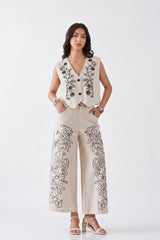 Beige Viscose-Linen Blend Floral Embroidery Sleeveless Vest