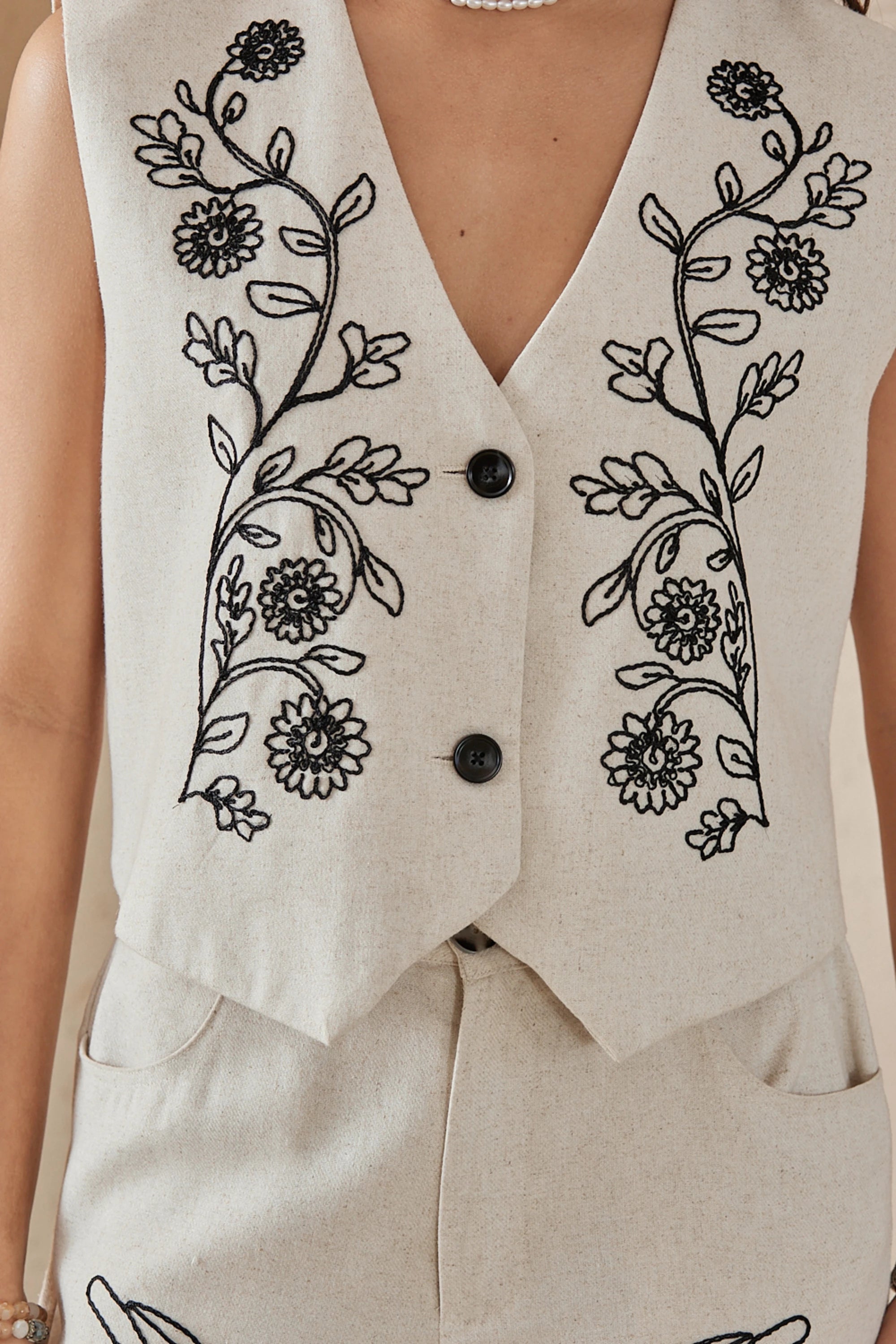 Elppis Beige Viscose-Linen Blend Floral Embroidery Sleeveless Vest, product detail view — SKU UV4D6021BK