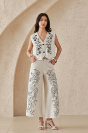 Elppis Beige Viscose-Linen Blend Floral Embroidery Wide-Leg Pants, editorial styling view on model — SKU UV4I6029BK
