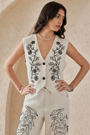 Elppis Beige Viscose-Linen Blend Floral Embroidery Wide-Leg Pants, editorial styling view on model — SKU UV4I6029BK
