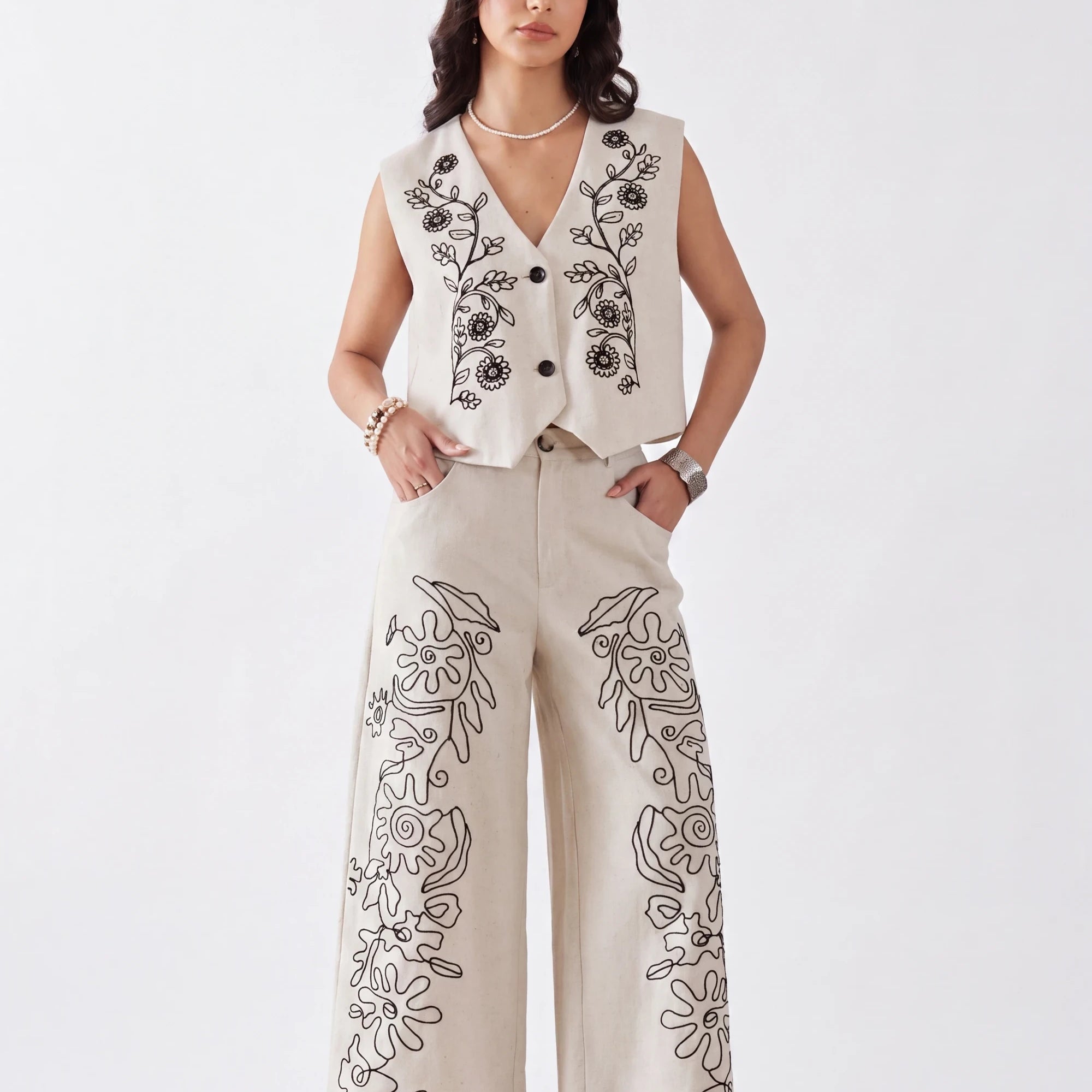 Elppis Beige Viscose-Linen Blend Floral Embroidery Wide-Leg Pants, white-background full-length front view on model — SKU UV4I6029BK