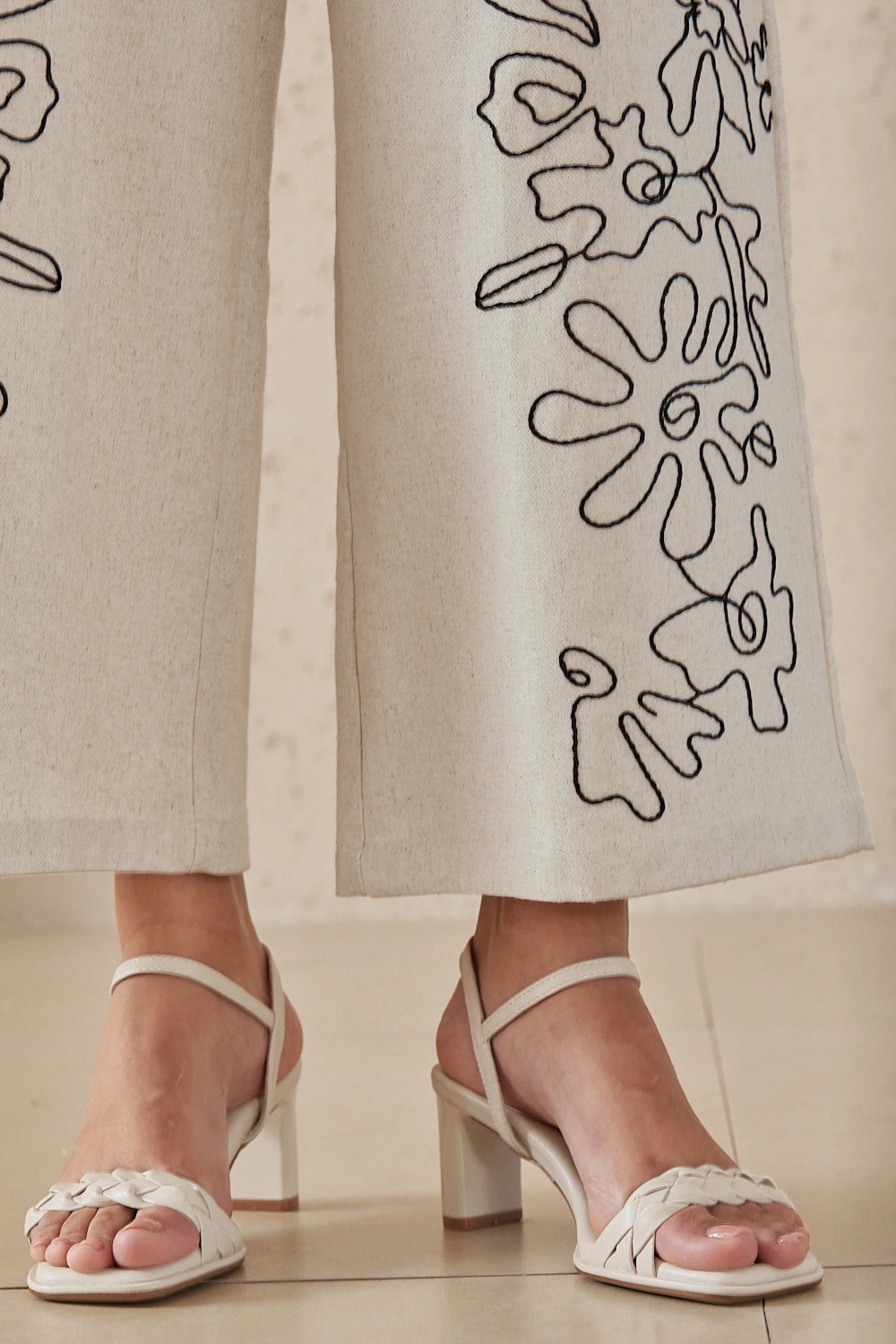 Elppis Beige Viscose-Linen Blend Floral Embroidery Wide-Leg Pants, product detail view — SKU UV4I6029BK