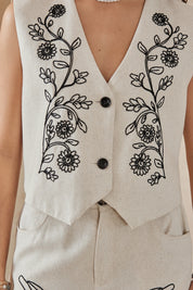 Elppis Beige Viscose-Linen Blend Floral Embroidery Wide-Leg Pants, product detail view — SKU UV4I6029BK