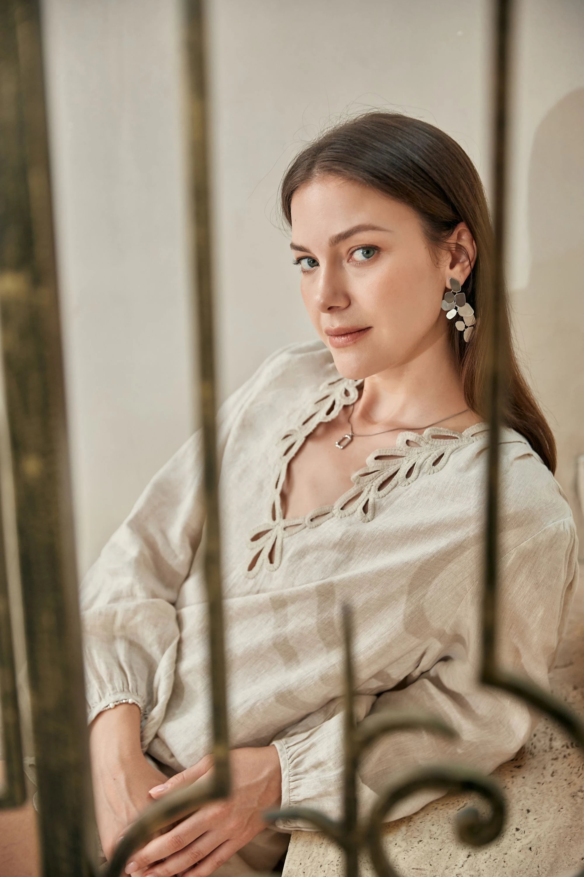 Elppis Beige Viscose-Linen Blend Shorts with Cutwork Embroidery Trim, editorial styling view on model — SKU 2B5G07072WW