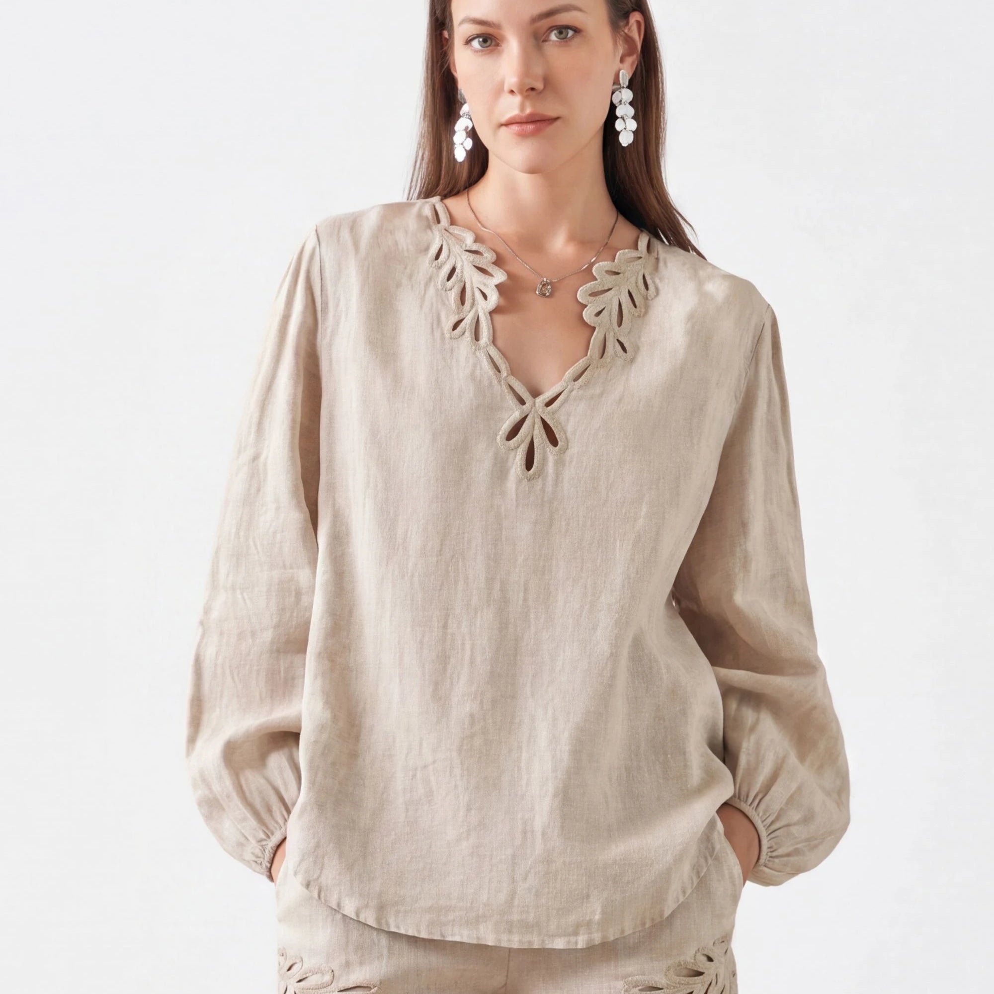 Elppis Beige Viscose-Linen Blend Shorts with Cutwork Embroidery Trim, white-background full-length front view on model — SKU 2B5G07072WW