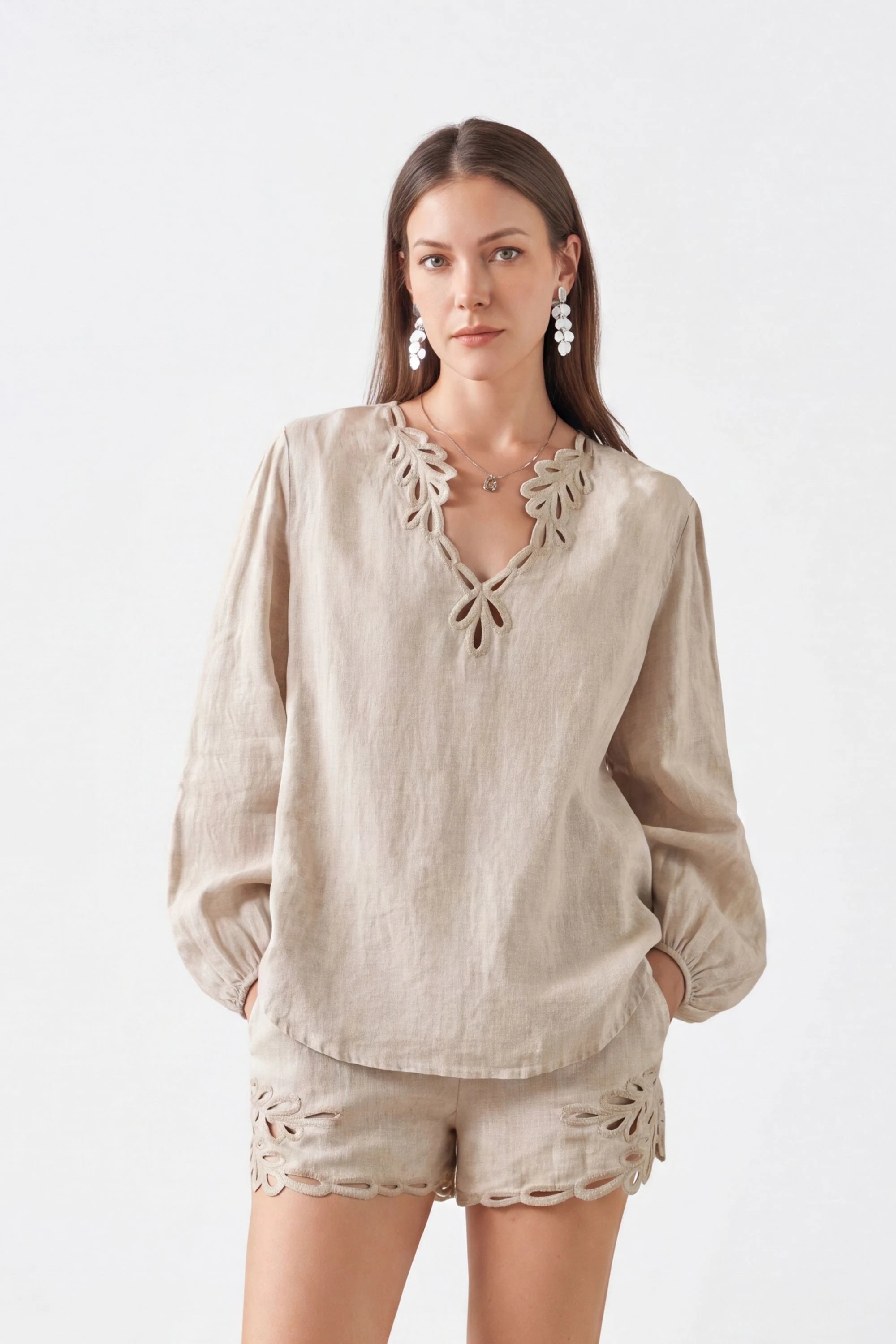 Elppis Beige Viscose-Linen Blend Shorts with Cutwork Embroidery Trim, white-background full-length front view on model — SKU 2B5G07072WW