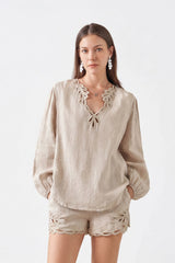 Beige Viscose-Linen Blend Shorts with Cutwork Embroidery Trim