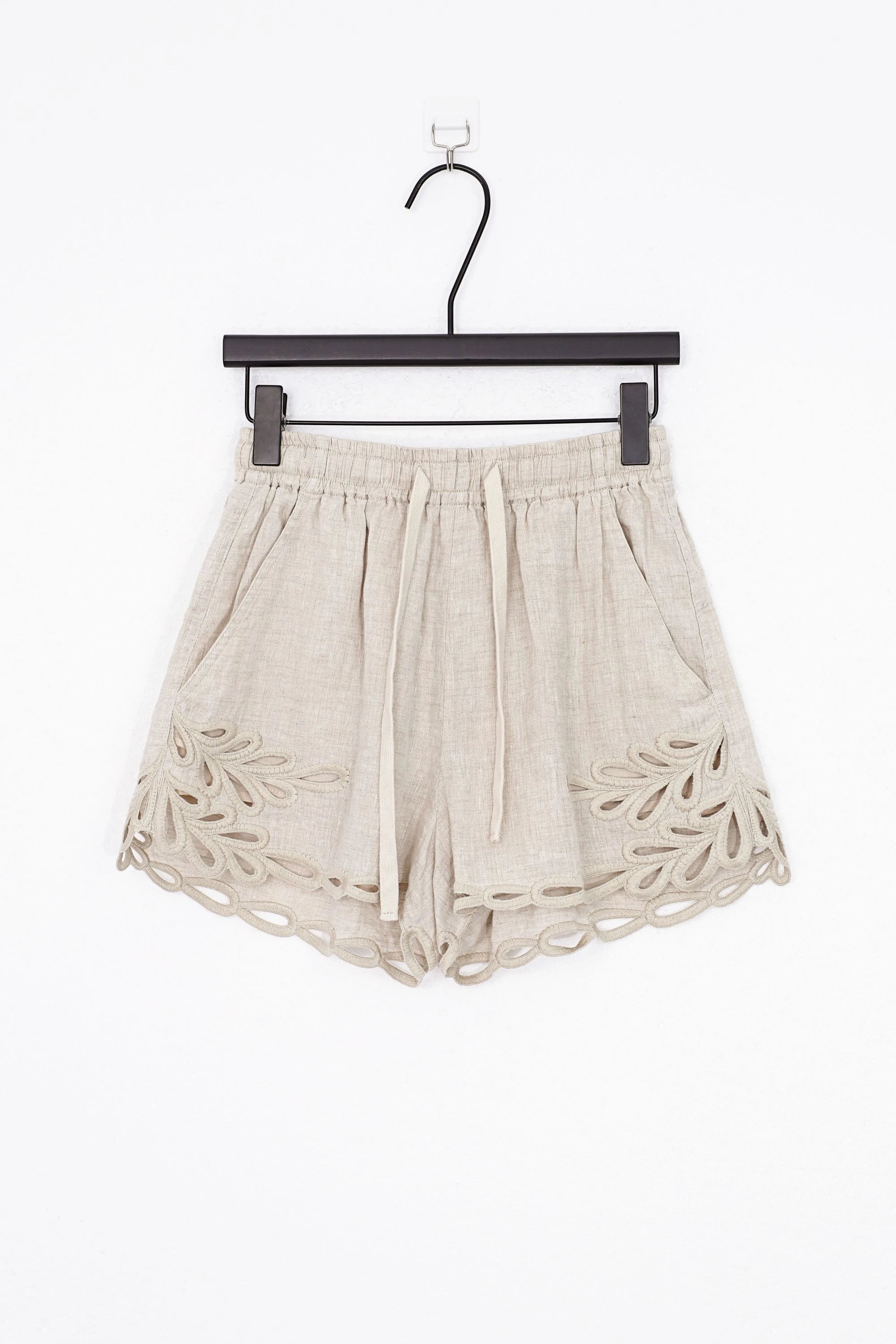 Elppis Beige Viscose-Linen Blend Shorts with Cutwork Embroidery Trim, product packshot on white background — SKU 2B5G07072WW
