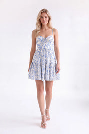 Blue and White Floral Broderie Anglaise Cami Mini Dress — Model White Background View 2