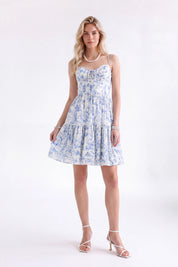 Blue and White Floral Broderie Anglaise Cami Mini Dress — Model White Background View 3