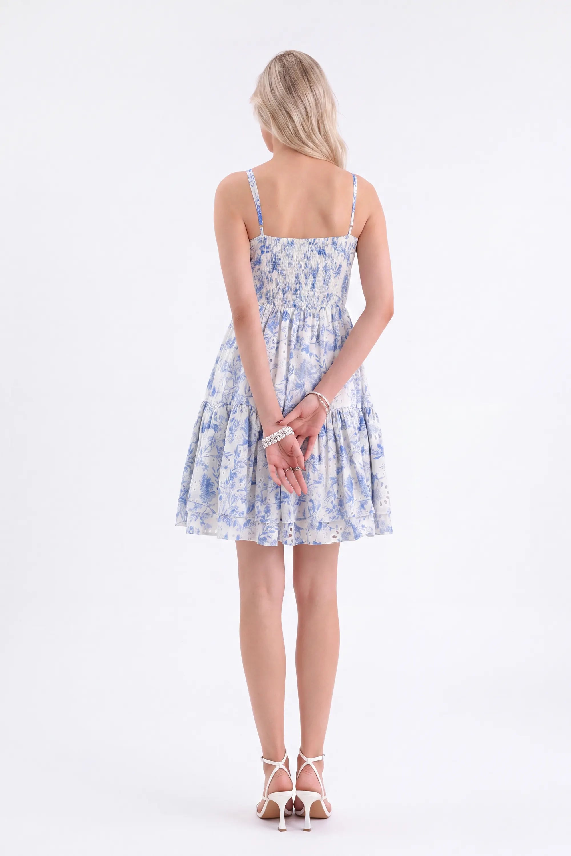 Blue and White Floral Broderie Anglaise Cami Mini Dress — Model White Background View 5
